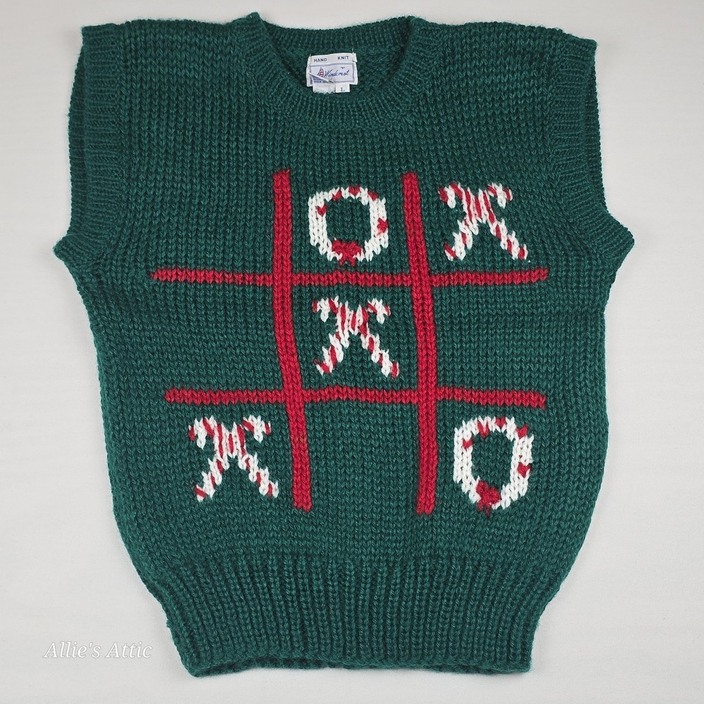 Vintage Christmas Sweater Vest Womens Mens‎ Green Red Ugly Tic Tac Toe Holiday L